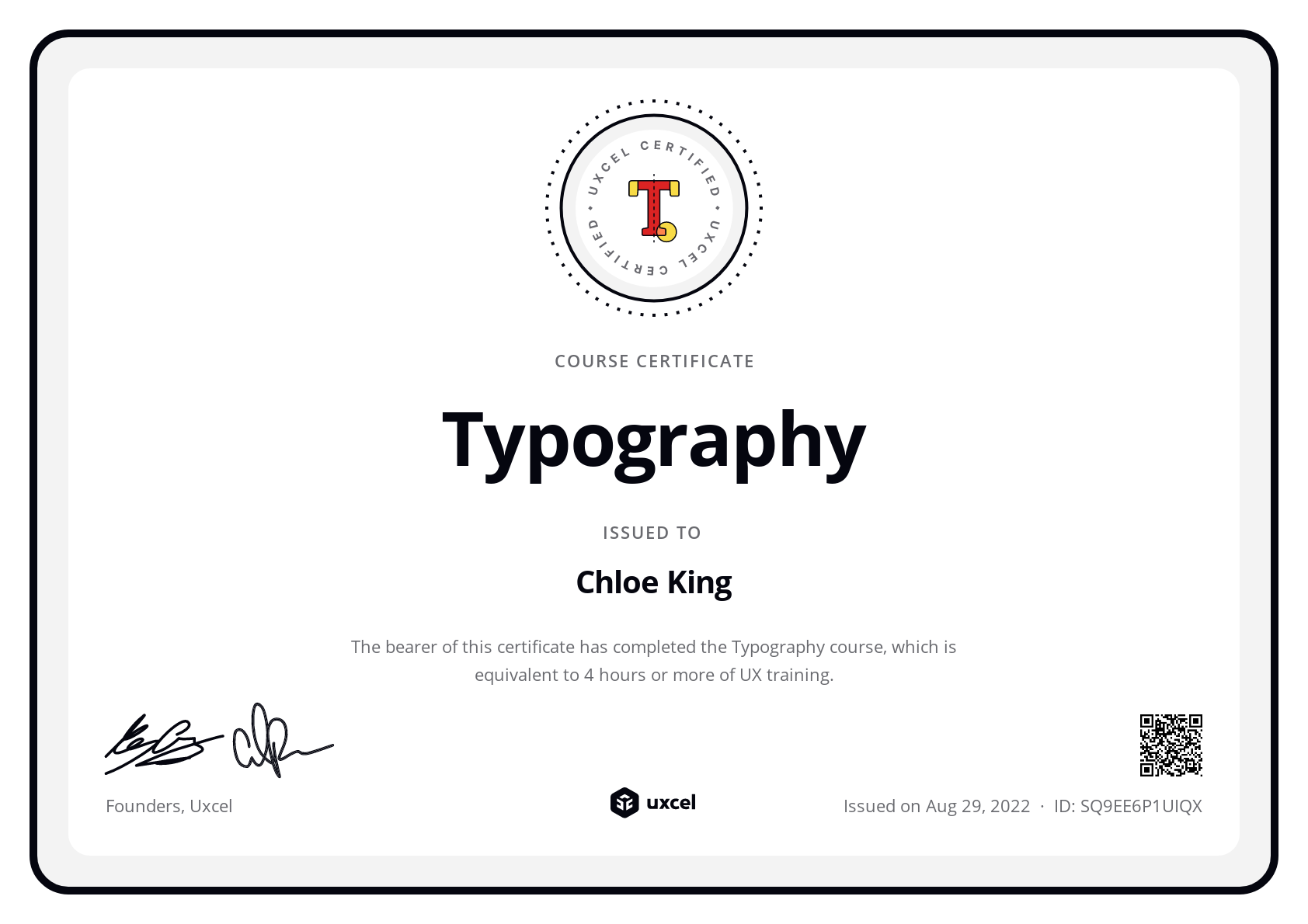 Chloe King's certificate